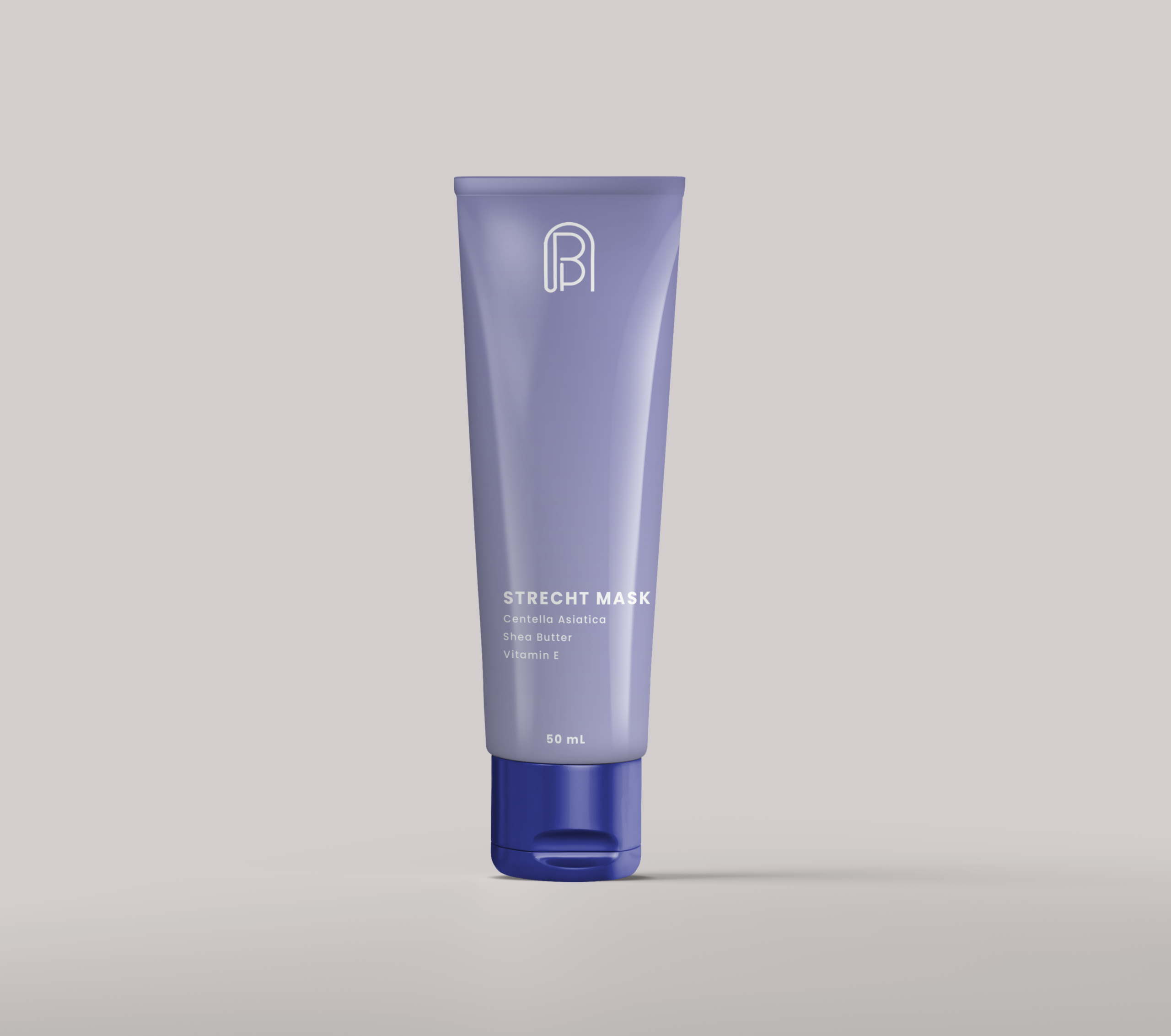 Purple tube of Strecht Mask containing Centella Asiatica, Shea Butter, and Vitamin E, 50 mL